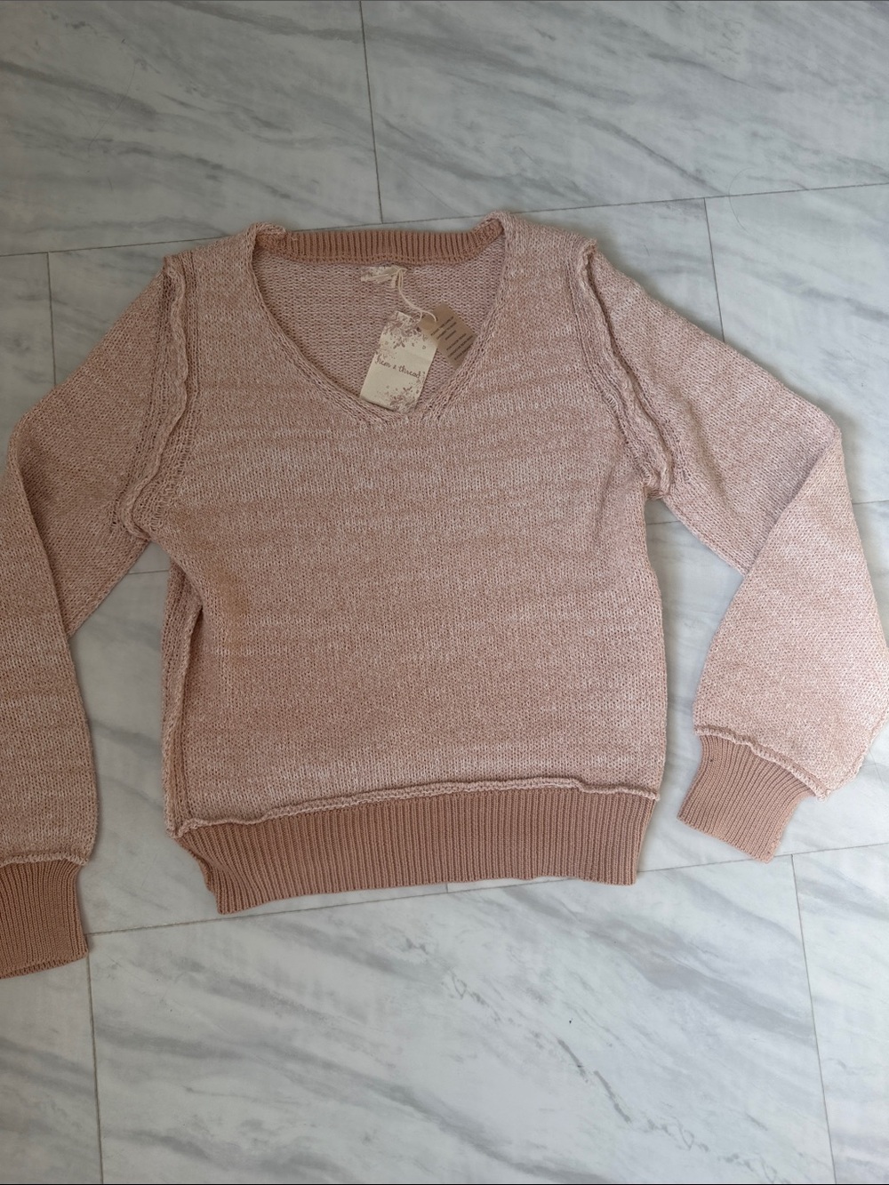 Hem & Thread V-Neck Sweater in Light Blush Pink